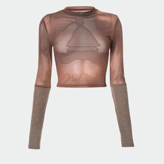 NAT Y2K See-Through Brown Crop Top Sweater Sleeve